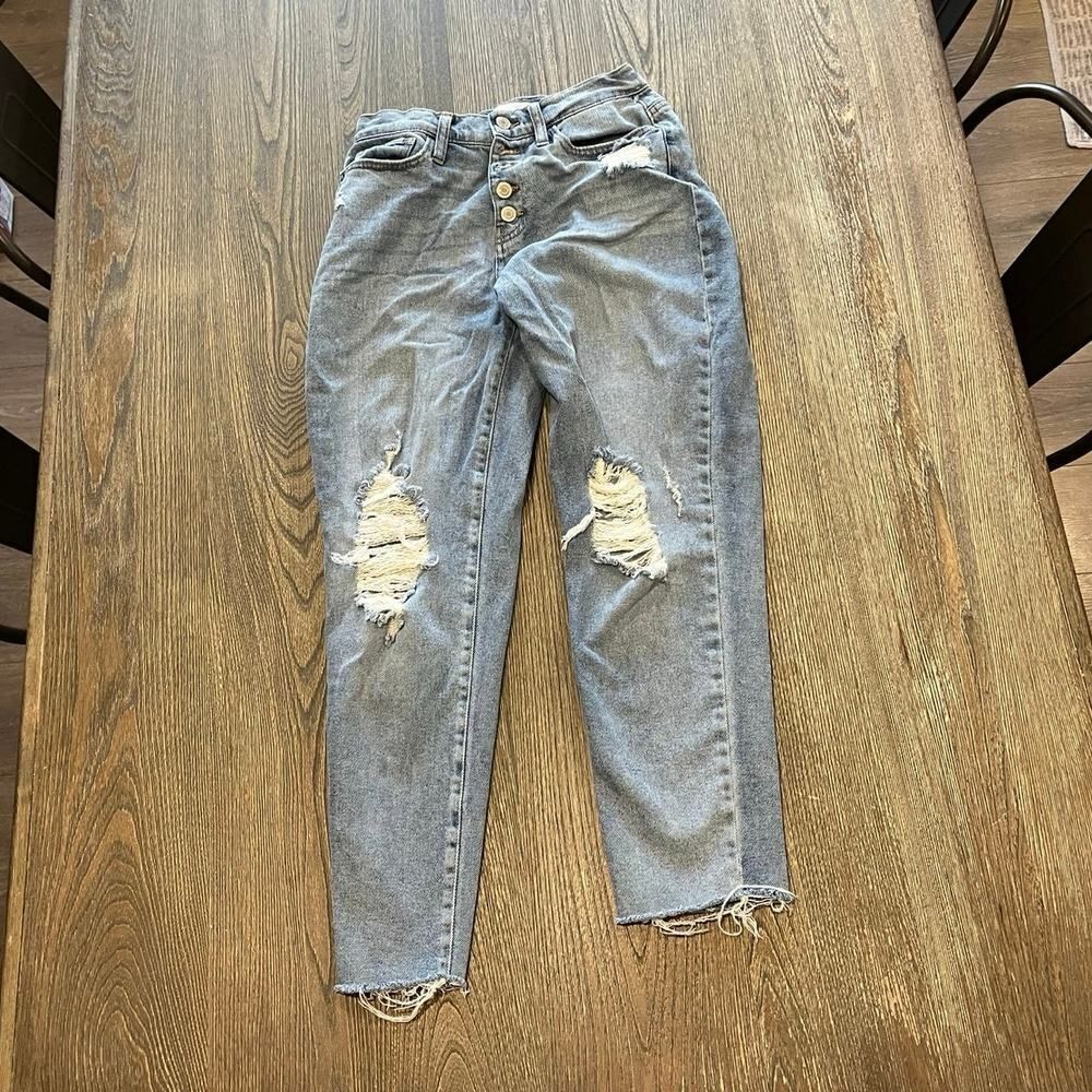 SO High-Rise Curvy Mom Jeans Destruct Button Fly Raw Hem Denim Blue Size 3/26W